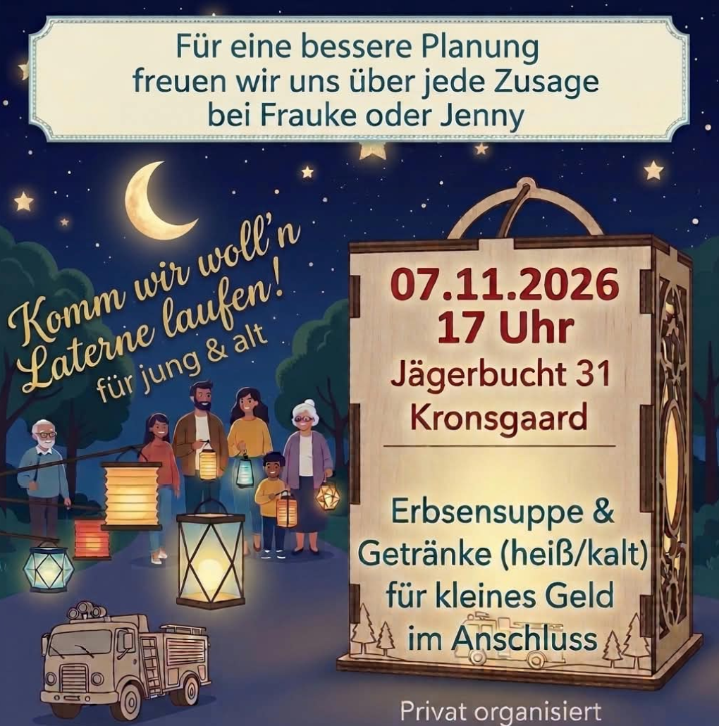 Plakat zum Laternelaufen in Kronsgaard am 7. November 2026 um 17 Uhr, Jägerbucht 31